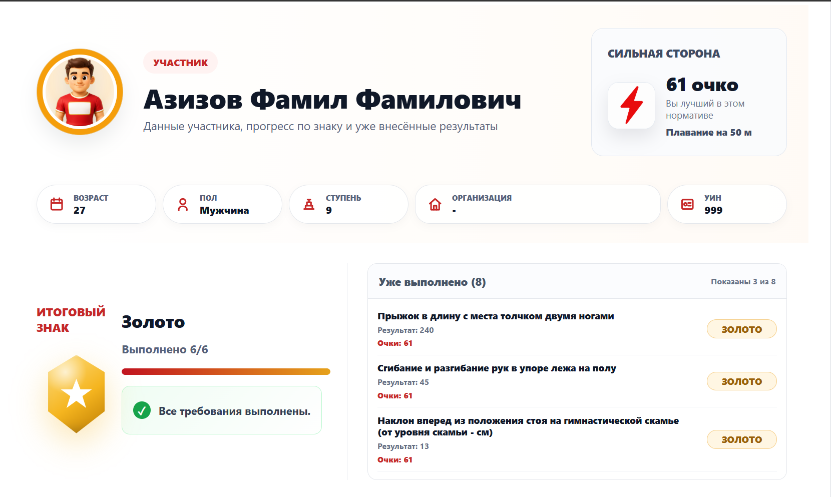 Карточка участника с автоматическим подсчётом