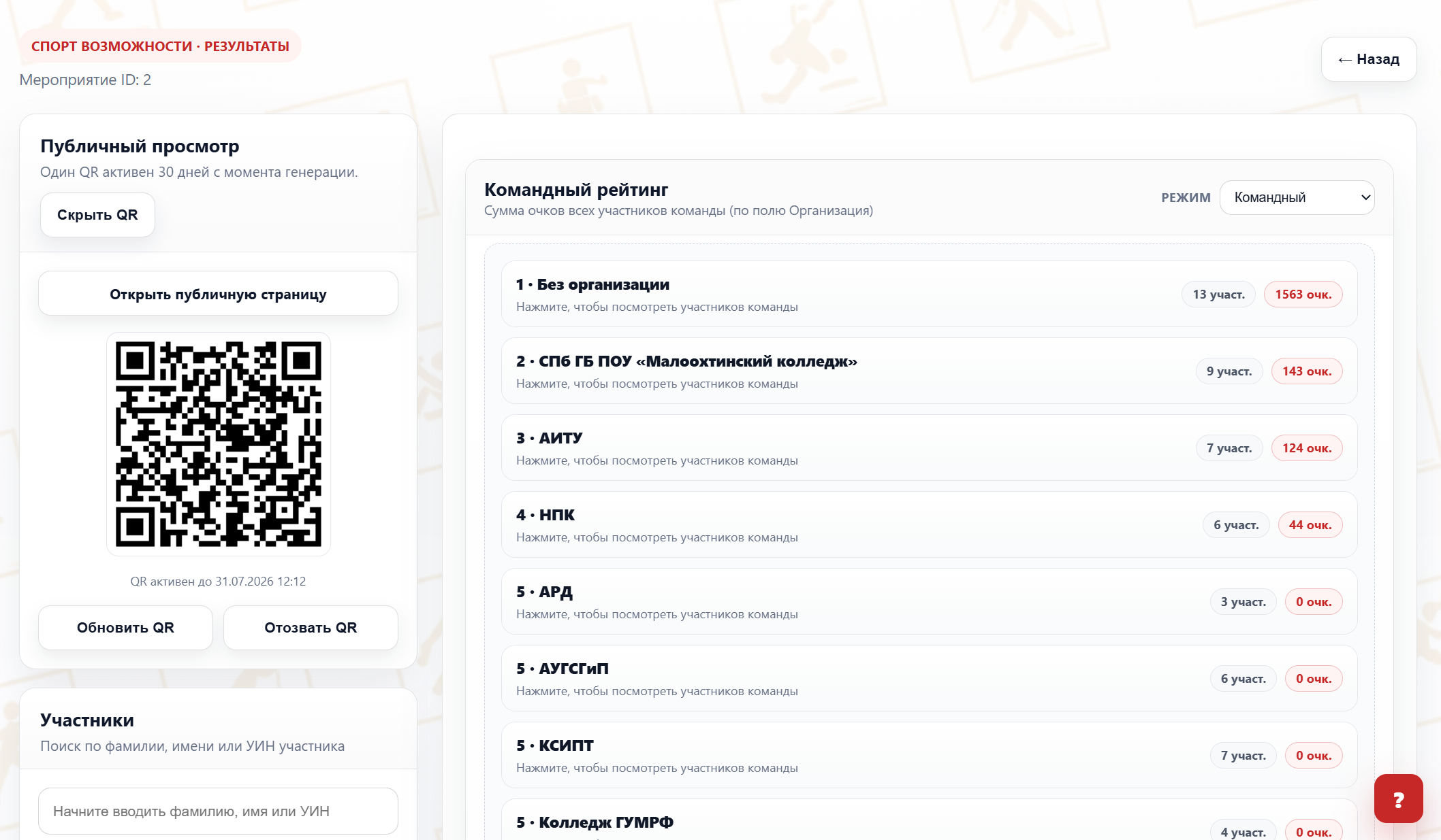 Таблица результатов с QR-кодом